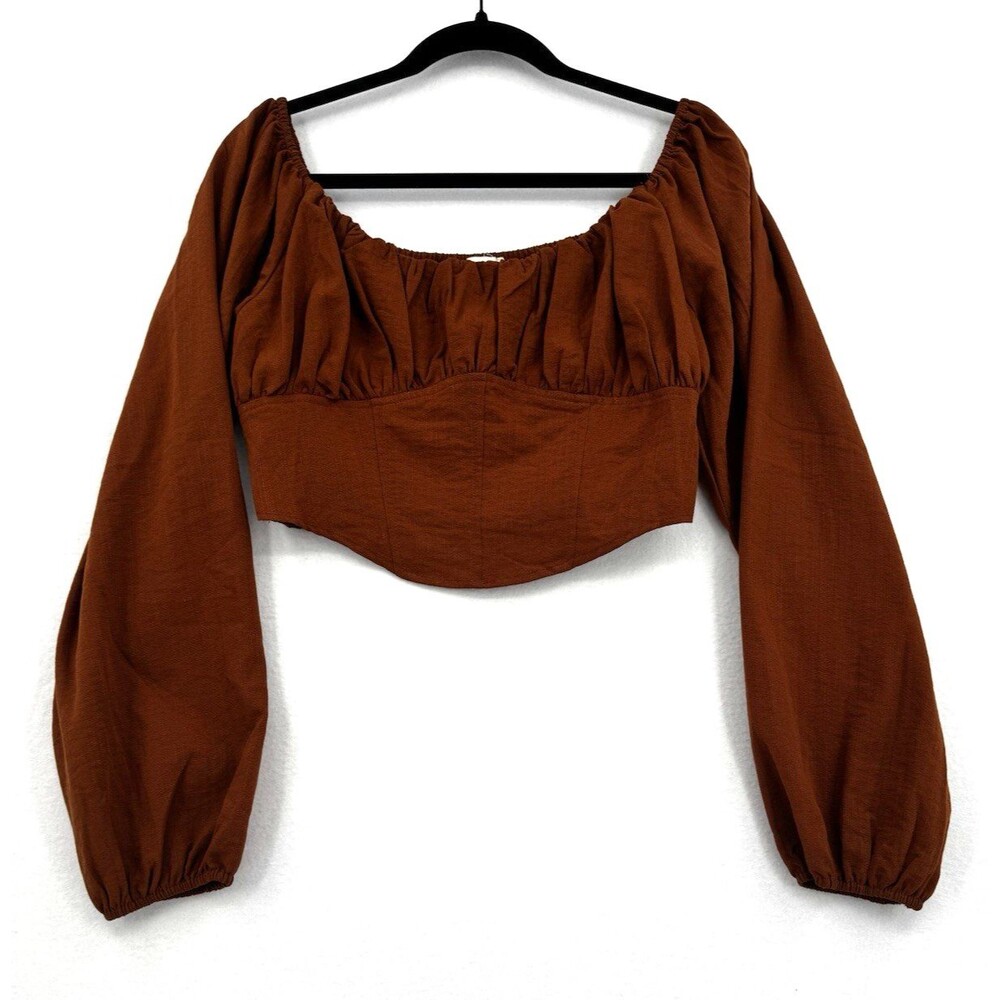 Camellia Boho Peasant Rust Brown Puff Sleeve Smocked Back Cottagecore Crop Top L